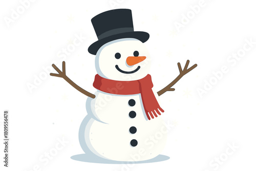Joyful Snowman Design. Snowman stands merrily with twig arms outstretched, wearing a cozy red scarf and a black top hat. Snowflakes gently fall around, adding to the. Vector illustration