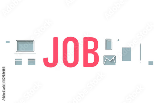 Flat vector illustration of job text with office and work icons around layout