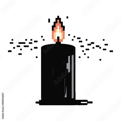 Pixelated black candle with a flickering flame isolated on white background