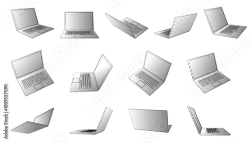 立体的に描かれたノートパソコンの多方向セット・ベクター素材