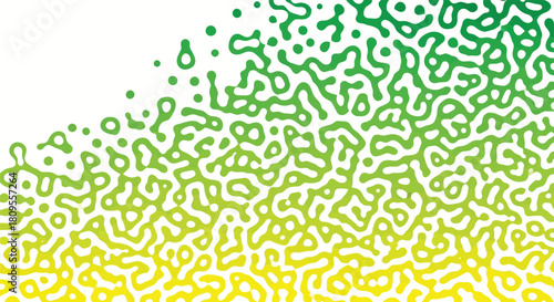 A vibrant abstract pattern featuring organic, cell-like shapes in a gradient of green to yellow, with a white background.