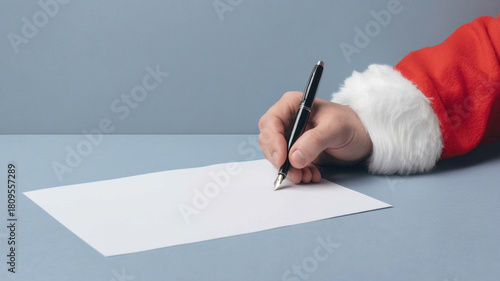Christmas Santa Claus Boss Business Concept,Christmas santa boss writing letter with pen white paper during holiday season office desk wearing red