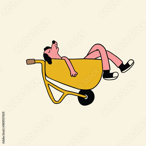 dog relaxing in wheelbarrow cartoon illustration
