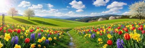 A vibrant spring landscape with green hills, blooming flowers, and a path leading through a field of colorful tulips and daffodils.