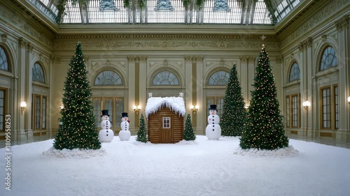 A beautiful indoor area transforms into a winter wonderland with snowmen and Christmas trees, creating a festive atmosphere