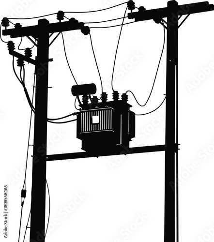 Detailed vector silhouette of electric transformer suspended between utility poles with power lines for energy distribution.