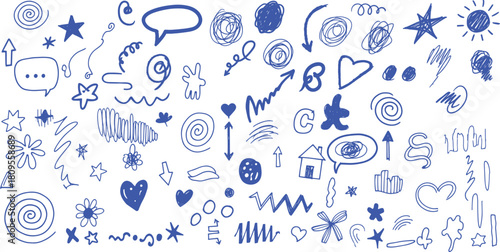 Blue pen scribble and doodle collection. Blue pen lines, arrows and scribbles at grid notebook background. Crayon drawn note doodles for hand drawn diagram, infographic and journaling.	
