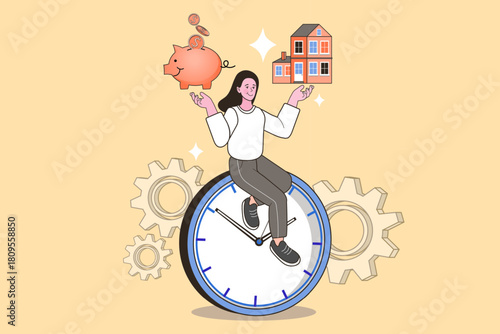 Achieve your dream home with this financial planning concept. A woman sits on a clock, balancing savings in a piggy bank and a house, symbolizing time management for a mortgage investment.