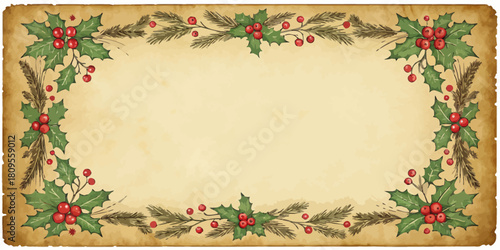 Vector christmas christmas frame with holly berries and pine branches on a parchment background for festive designs