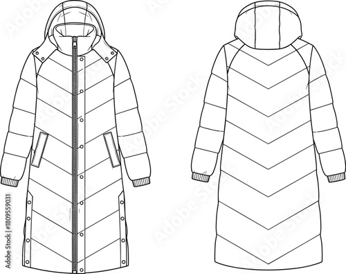 Flat vector technical fashion illustration of padded winter coat with hood, front and back view, quilted design, black and white