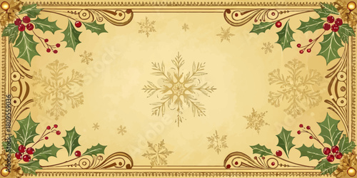 Vector christmas decorative christmas background with holly berries snowflakes and golden ornamental border design