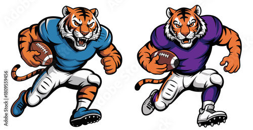 fierce tiger mascots in football uniforms running with balls, dynamic sports concept for teams