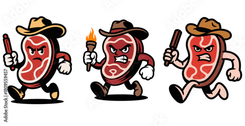 Three angry cartoon steak characters in cowboy hats with torches and sticks, spicy BBQ concept for grilling