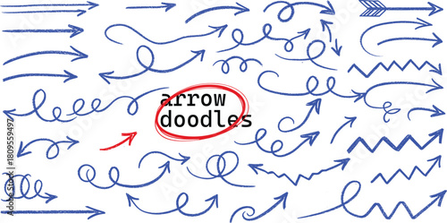 Blue pen arrow collection on checkered paper sheet. Hand drawn crayon various arrows, curved, wavy and straight lines. Direction pointers for notes, doodle and school design. Playful emphasis elements