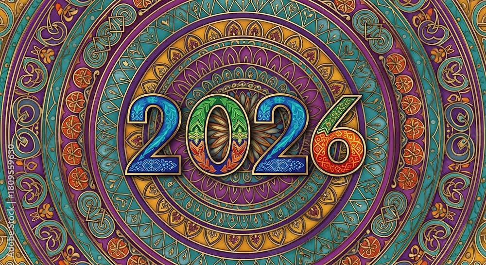 Fototapeta premium Ornate 2026 New Year Design with Intricate Mandala Background.