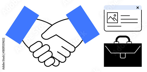 Two hands shaking, briefcase, and document window suggest collaboration, deal-making, and trust. Ideal for partnership, agreement, teamwork, contract networking business strategy success