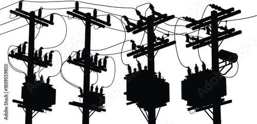 Detailed vector silhouette of electric utility poles with transformers and complex overhead power lines for industrial energy distribution grid.