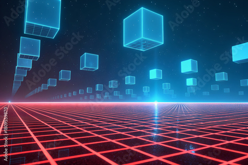 Fototapeta Naklejka Na Ścianę i Meble -  Futuristic digital landscape with glowing blue cubes above red grid surface under starry sky. generative ai