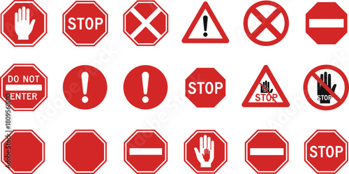 Large Vector Collection of Stop Signs, Prohibition Symbols, and Traffic Regulation Icons Including Hand Gestures, Warning Triangles, and Do Not Enter Symbols.
