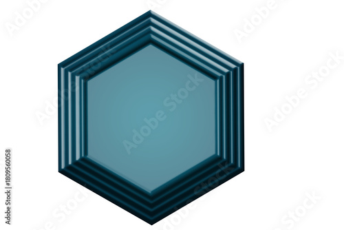 A striking teal hexagonal frame with layered edges set against a stark black background creating a modern and geometric visual