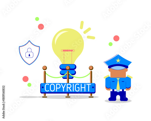 A cartoon police officer guarding a bright lightbulb symbolizing an idea, surrounded by a copyright sign and security shield, representing protection of intellectual property.