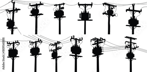 Detailed vector silhouette set of electric utility poles, transformers, and overhead power lines for industrial energy distribution infrastructure.