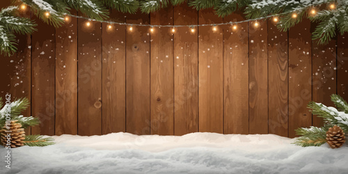 Vector christmas a wooden backdrop with snow pinecones and string lights for a winter holiday season scene setting mood