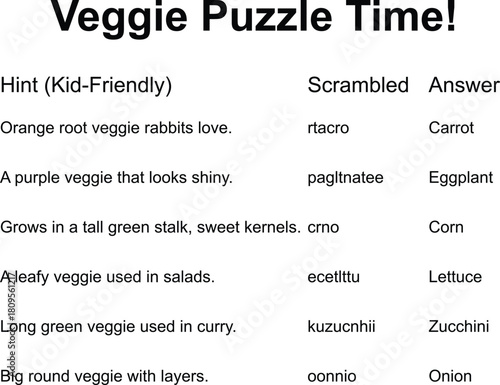 A kid-friendly veggie word scramble puzzle with scrambled words and their corresponding answers, perfect for learning about vegetables.