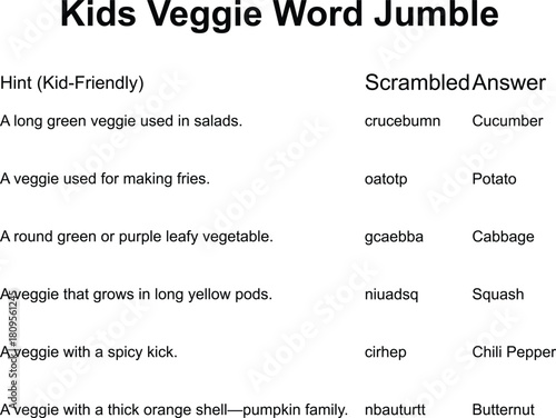 A printable word jumble puzzle for kids featuring scrambled vegetable names and their answers.