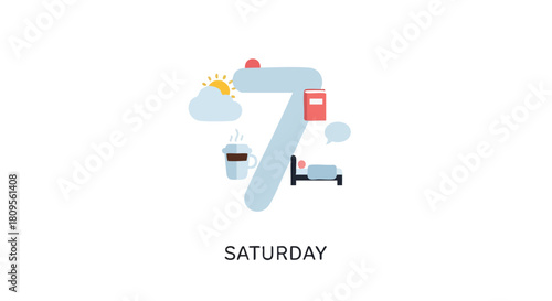 Stylized Saturday schedule concept with morning sunshine, coffee, reading and sleeping icon illustration for daily routine planning