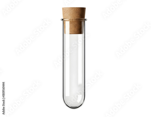 Glass test tube with white powder and cork isolated on transparent background