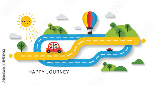 Joyful road trip illustration featuring a happy couple, a colorful hot air balloon, and a smiling sun, all set against a whimsical landscape