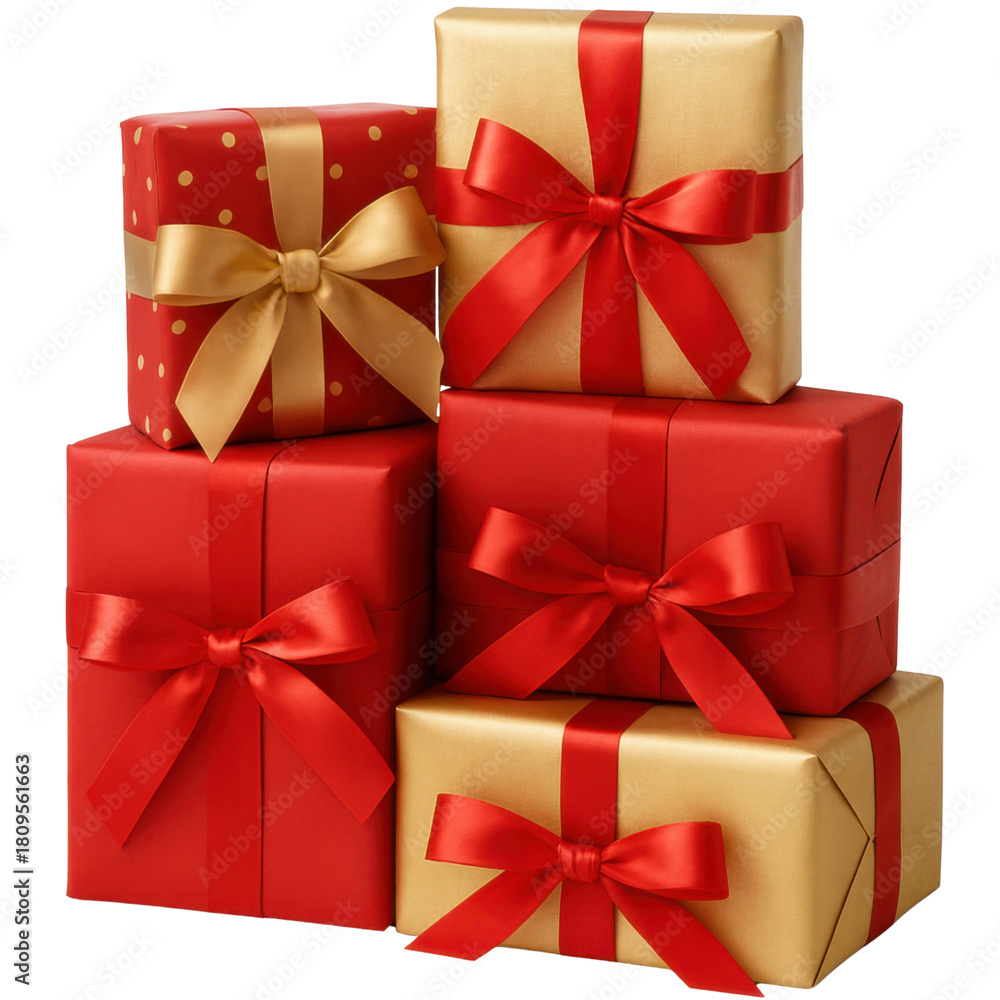 Fototapeta premium Multiple red and gold wrapped Christmas presents grouped together