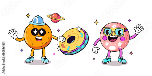 Groovy retro cartoon characters in hippie of 60s or 70s art, vector funky comic. Happy groovy donut with vinyl disk and disco ball or moon planet characters with cute face in groovie retro style .icon