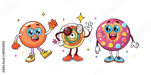 Groovy retro cartoon characters in hippie of 60s or 70s art, vector funky comic. Happy groovy donut with vinyl disk and disco ball or moon planet characters with cute face in groovie retro style .icon