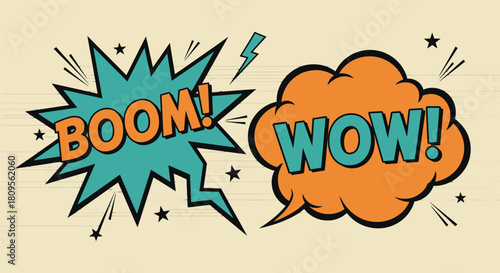 Comic style speech bubbles with boom and wow text, pop art explosion effect Vector