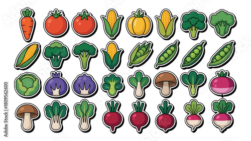 A vibrant and colorful assortment of vector style vegetable stickers
