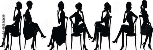 Group of women sitting on chairs silhouettes, elegant female poses collection, ladies waiting in line, vector illustration set