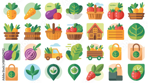 Collection of Cute Flat Vector Farming and Agriculture Icons Set