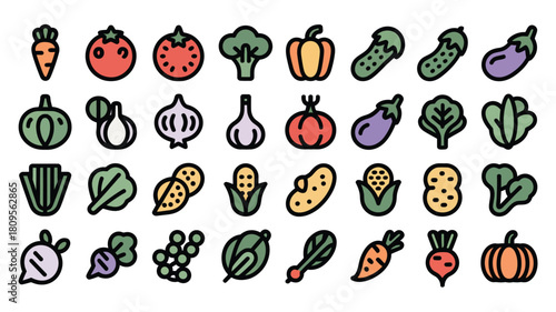 Collection of colorful vector icons representing various fresh vegetables assortment