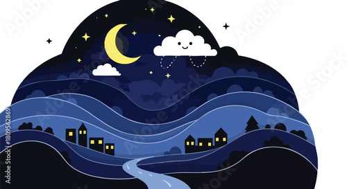 Stylized nocturnal landscape with a crescent moon above a serene village scene reflected in a calm river depicting peacefullness and tranquility