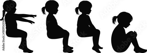 Little girl sitting silhouette set, child posing on floor, toddler reaching and curling up, female kid vector illustration collection