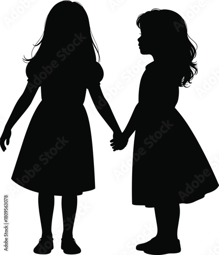 Two little girls silhouette holding hands, cute sisters standing together, best friends forever, female children vector illustration, white background
