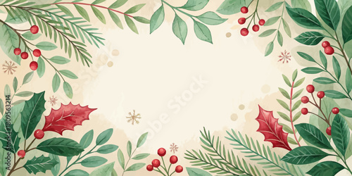 Vector christmas watercolor christmas frame with leaves, branches, holly and berries on a light background design element
