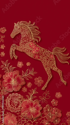 Happy Chinese New Year header with golden horse over vibrant red background. China zodiac lunar calendar animal. Year of the horse.