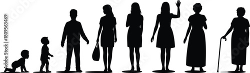 Human life cycle silhouettes, stages of aging from baby to elderly woman, female growth development, generation progression, vector illustration concept