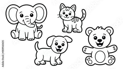 Cute Cartoon Animals Set Elephant Cat Dog and Teddy Bear Illustration