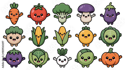 Cute Cartoon Vegetable Characters with Smiling Faces in a Row Design