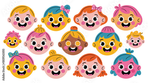 Diverse Group of Smiling Children Cartoon Faces Illustration on White Background