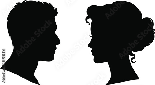 Black vector silhouettes of man and woman facing each other, male and female side profile illustration on isolated white background